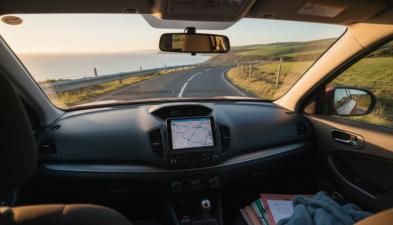 A support worker's car parked on a scenic Mornington Peninsula road between client visits, with a route on a dashboard tablet